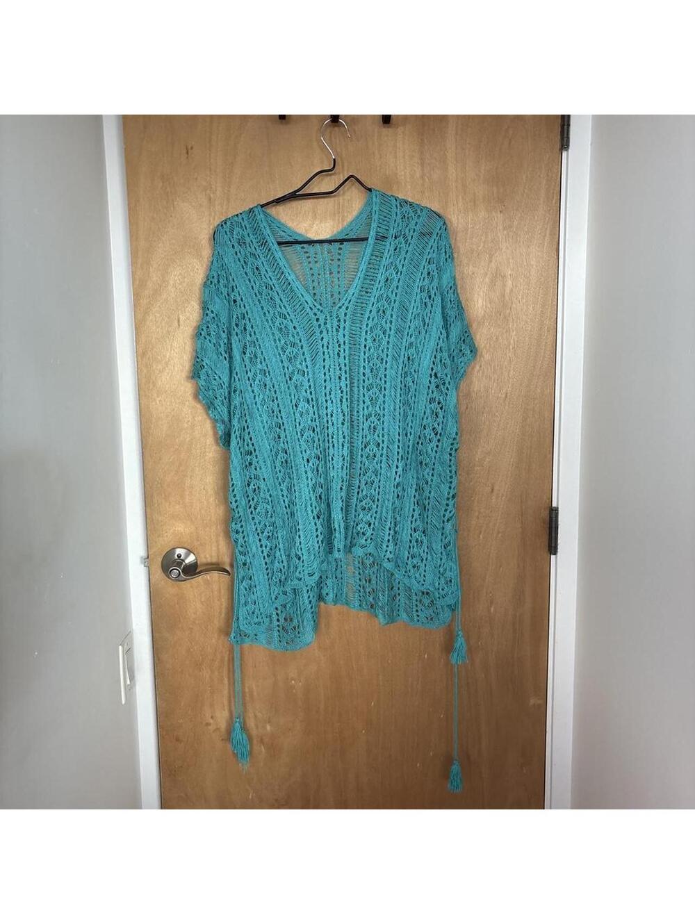 Handmade Light Blue Crochet Knit Tunic with Tassels